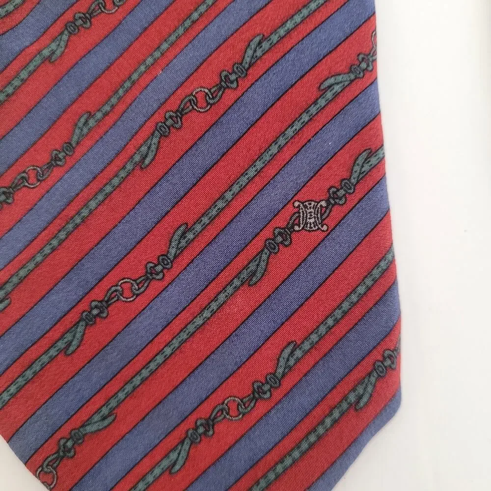Celine Men's Neck Tie Made In Spain Designer‎ Silk Blue Red Stripped Ropes